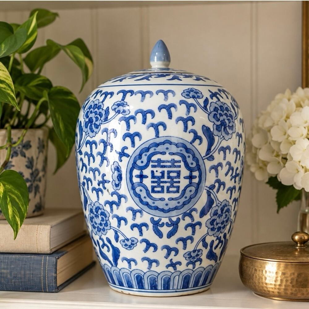 Blue and White Double Happiness Large Blue China Temple Ginger Jar Decorative